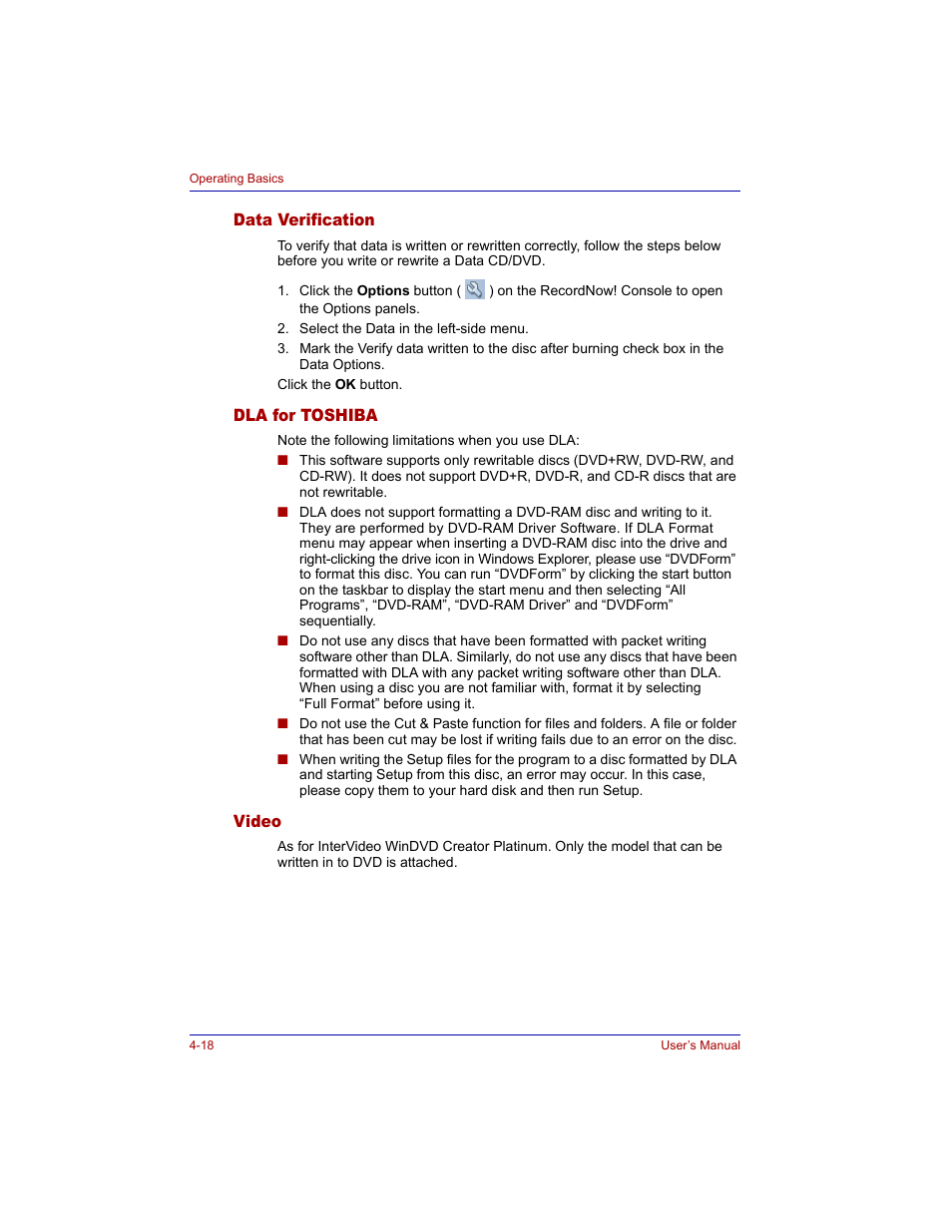 Data verification, Dla for toshiba, Video | Toshiba Tecra M3 User Manual | Page 88 / 236