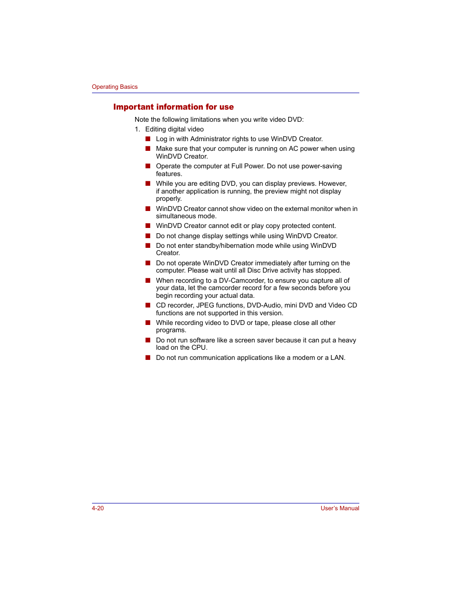 Important information for use, Important information for use -20 | Toshiba Tecra M3 User Manual | Page 90 / 236