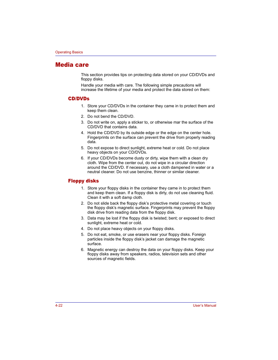 Media care, Cd/dvds, Floppy disks | Media care -22, Cd/dvds -22 floppy disks -22 | Toshiba Tecra M3 User Manual | Page 92 / 236