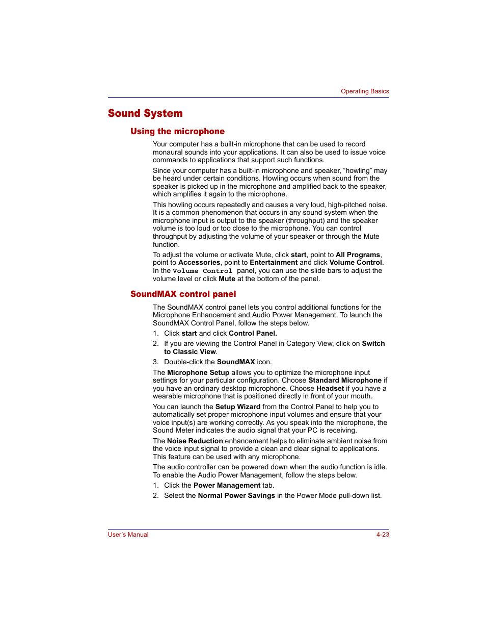 Sound system, Using the microphone, Soundmax control panel | Sound system -23 | Toshiba Tecra M3 User Manual | Page 93 / 236