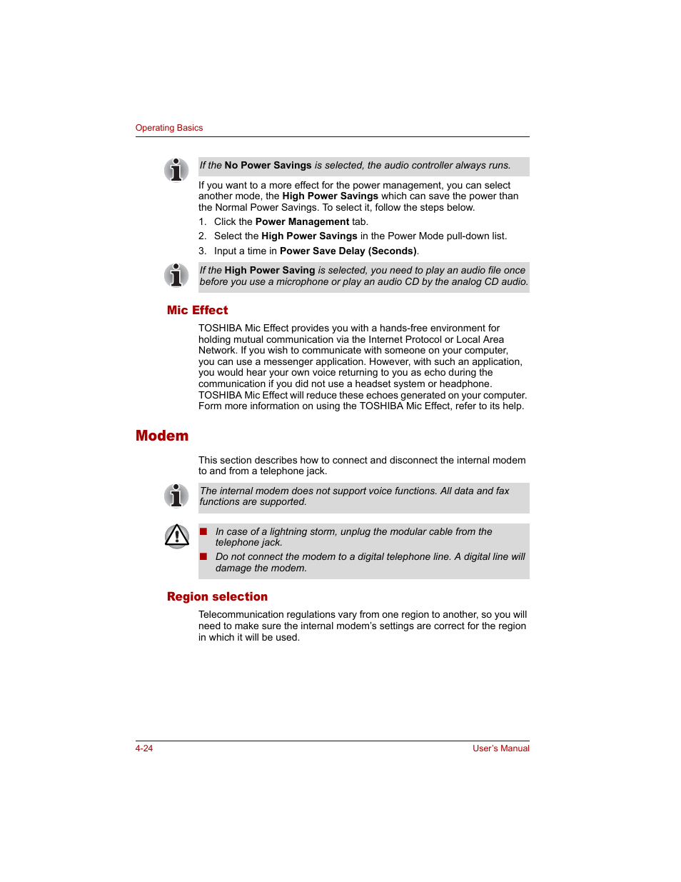 Mic effect, Modem, Region selection | Mic effect -24, Modem -24, Region selection -24 | Toshiba Tecra M3 User Manual | Page 94 / 236