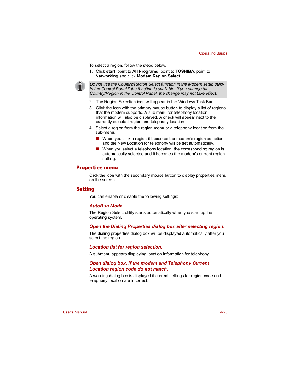 Properties menu, Setting, Properties menu -25 setting -25 | Toshiba Tecra M3 User Manual | Page 95 / 236