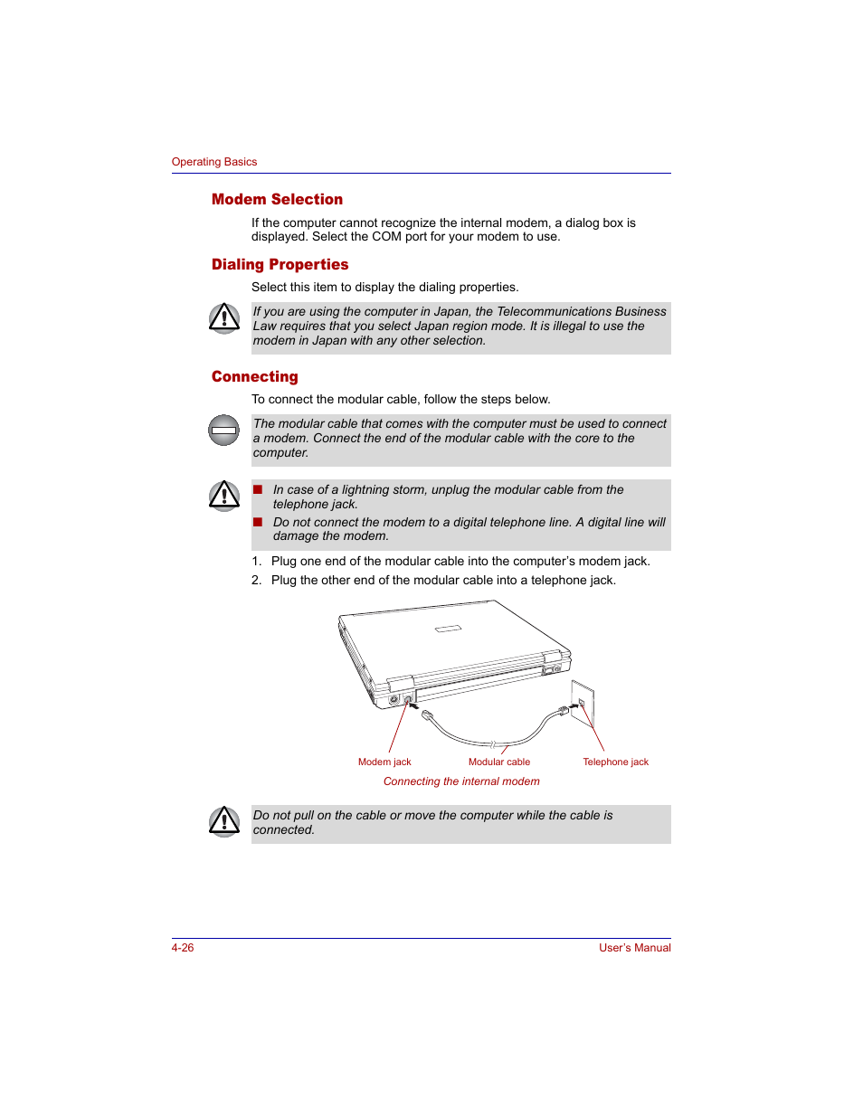 Modem selection, Dialing properties, Connecting | Toshiba Tecra M3 User Manual | Page 96 / 236