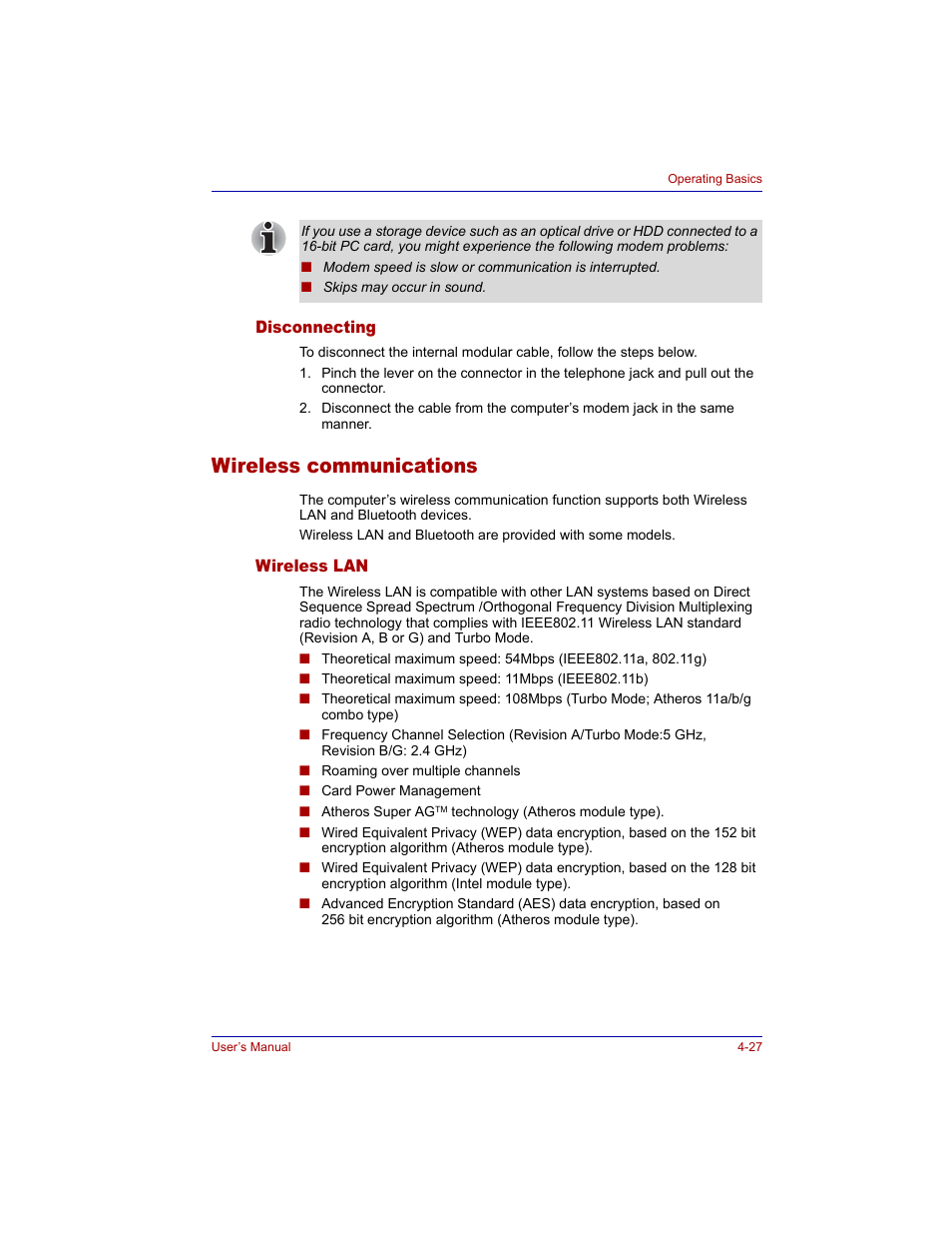 Disconnecting, Wireless communications, Wireless lan | Disconnecting -27, Wireless communications -27, Wireless lan -27 | Toshiba Tecra M3 User Manual | Page 97 / 236