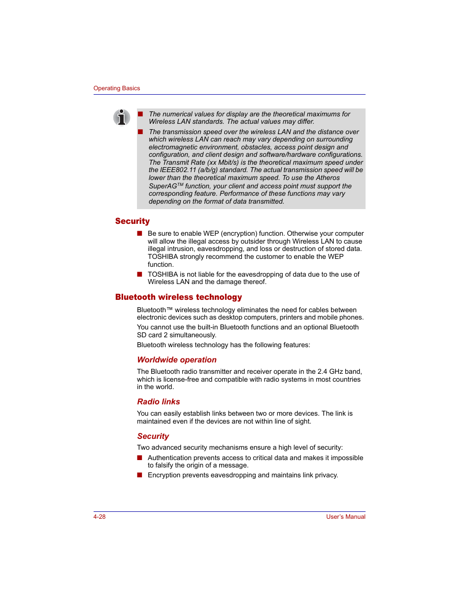 Security, Bluetooth wireless technology, Bluetooth wireless technology -28 | Toshiba Tecra M3 User Manual | Page 98 / 236