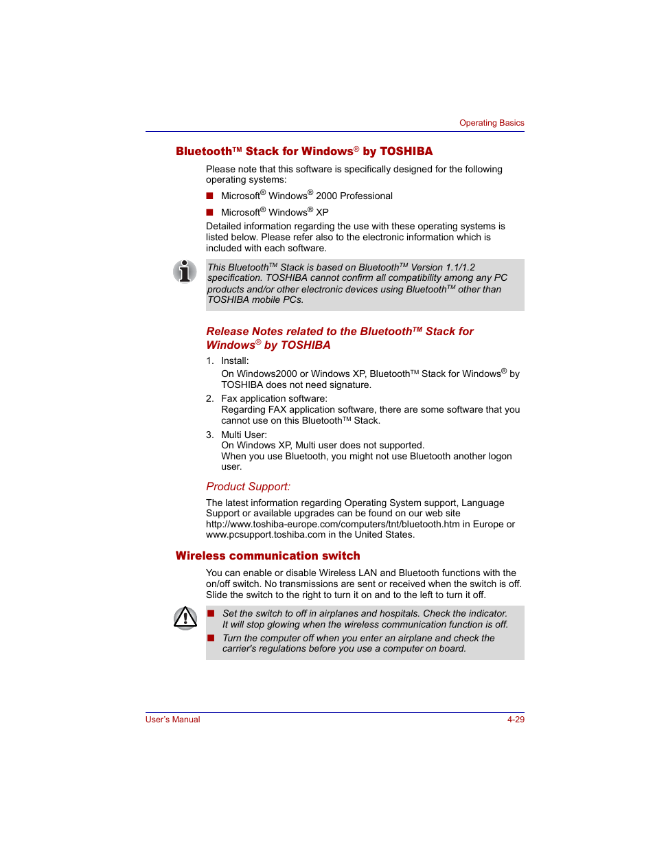 Bluetoothtm stack for windows® by toshiba, Wireless communication switch, Bluetooth | Wireless communication switch -29, Stack for windows, By toshiba | Toshiba Tecra M3 User Manual | Page 99 / 236