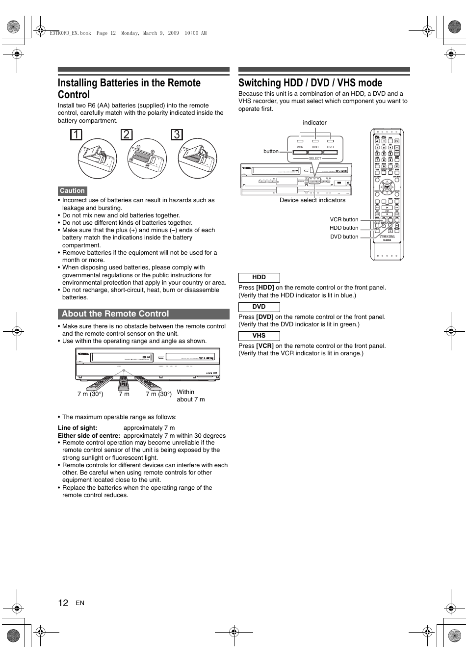 Installing batteries in the remote control, Switching hdd / dvd / vhs mode, About the remote control | Toshiba RDXV49 User Manual | Page 12 / 84