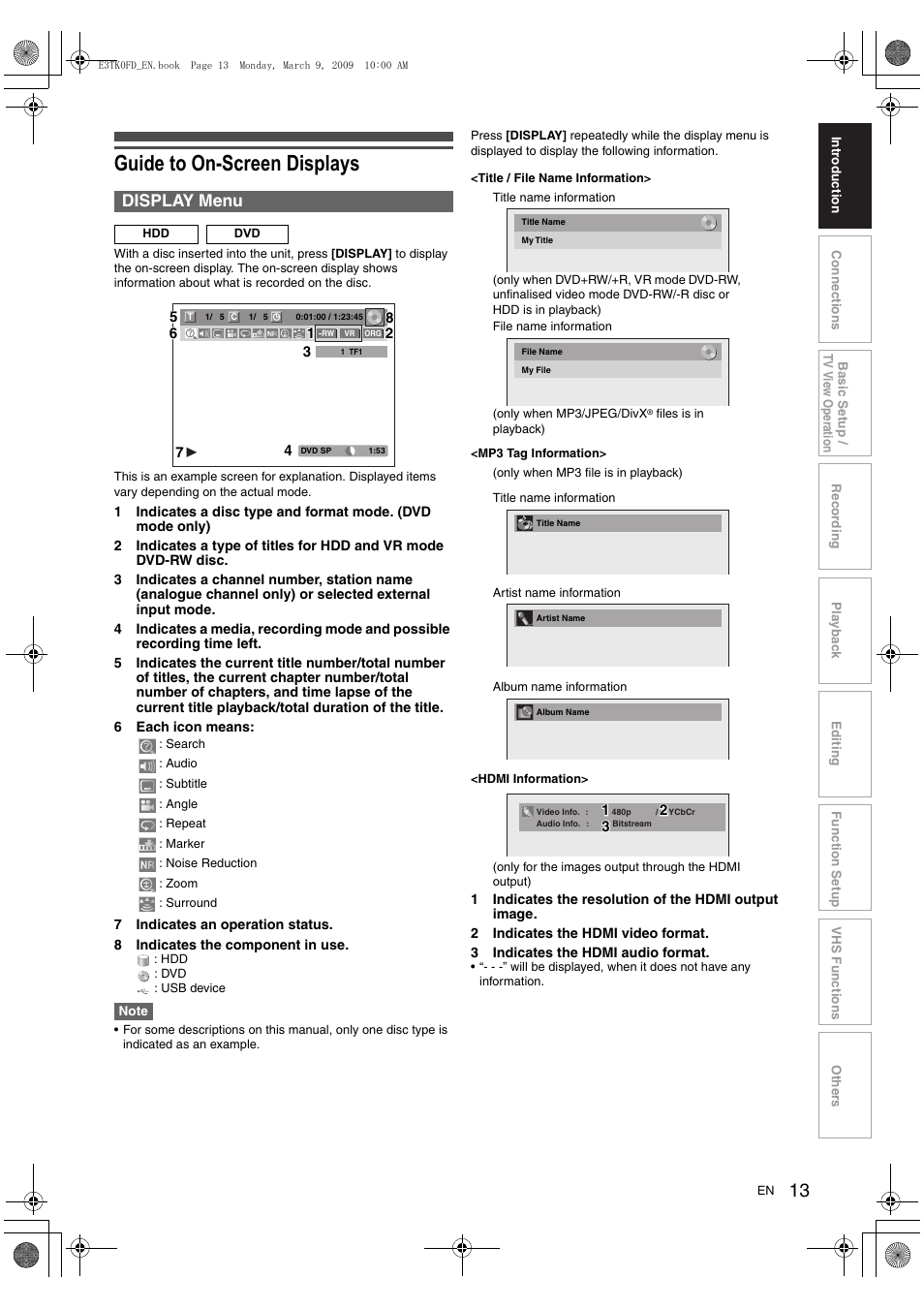 Guide to on-screen displays, Display menu | Toshiba RDXV49 User Manual | Page 13 / 84