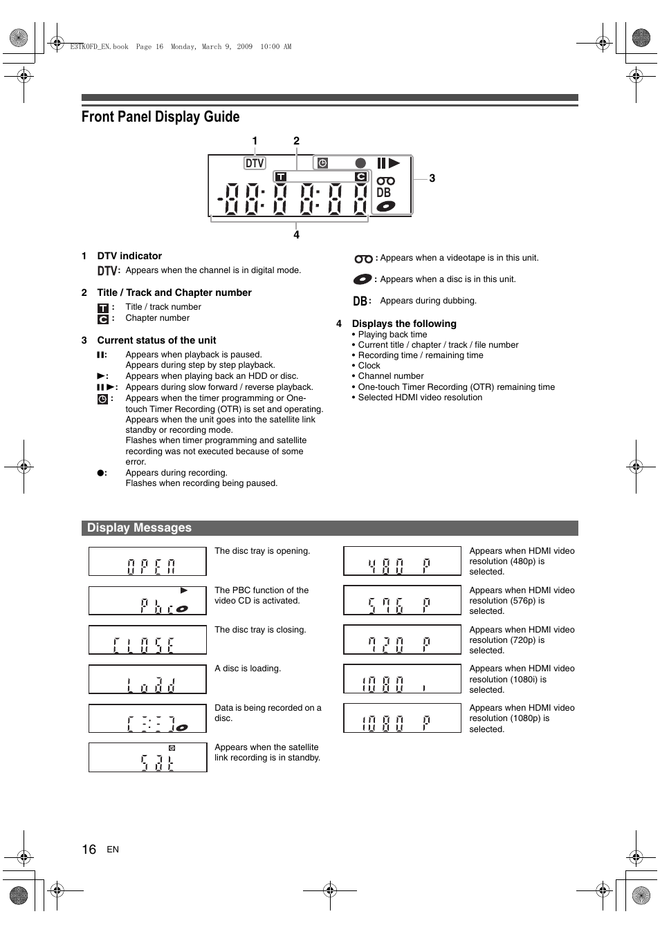 Front panel display guide, Display messages | Toshiba RDXV49 User Manual | Page 16 / 84