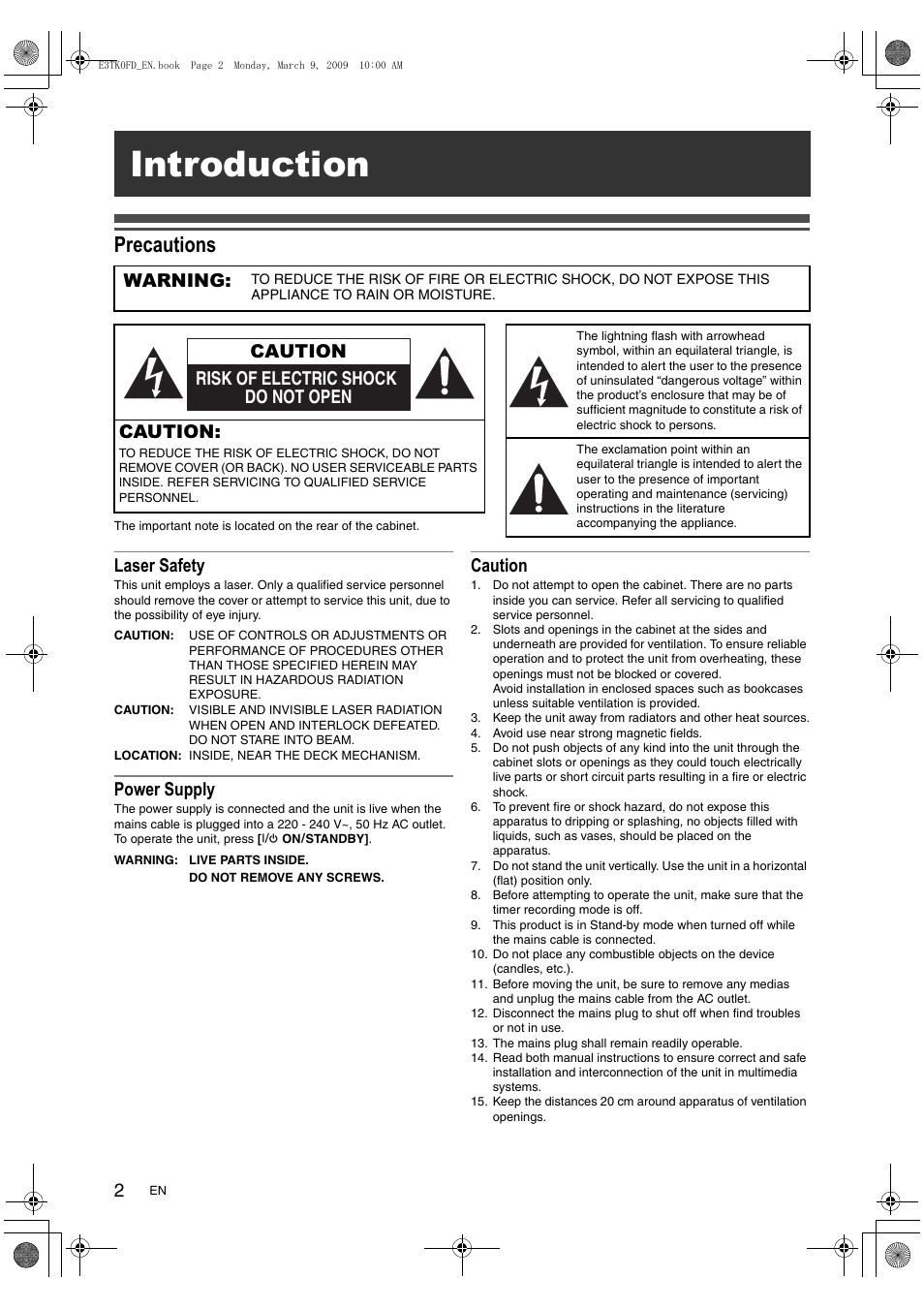 Introduction, Precautions, Laser safety | Power supply, Caution, Warning, Risk of electric shock do not open caution | Toshiba RDXV49 User Manual | Page 2 / 84