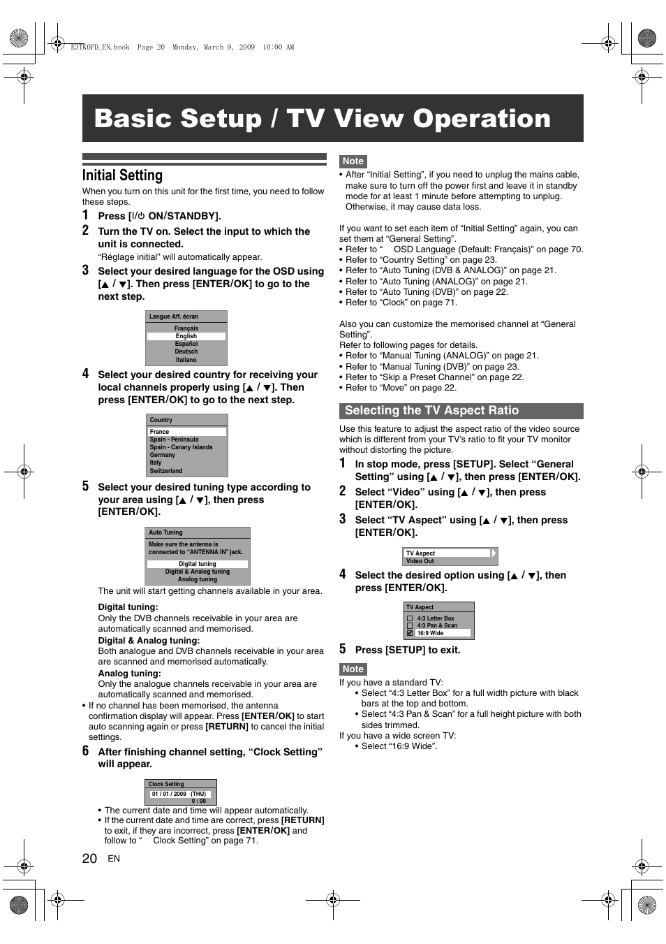 Basic setup / tv view operation, Initial setting, Selecting the tv aspect ratio | Toshiba RDXV49 User Manual | Page 20 / 84