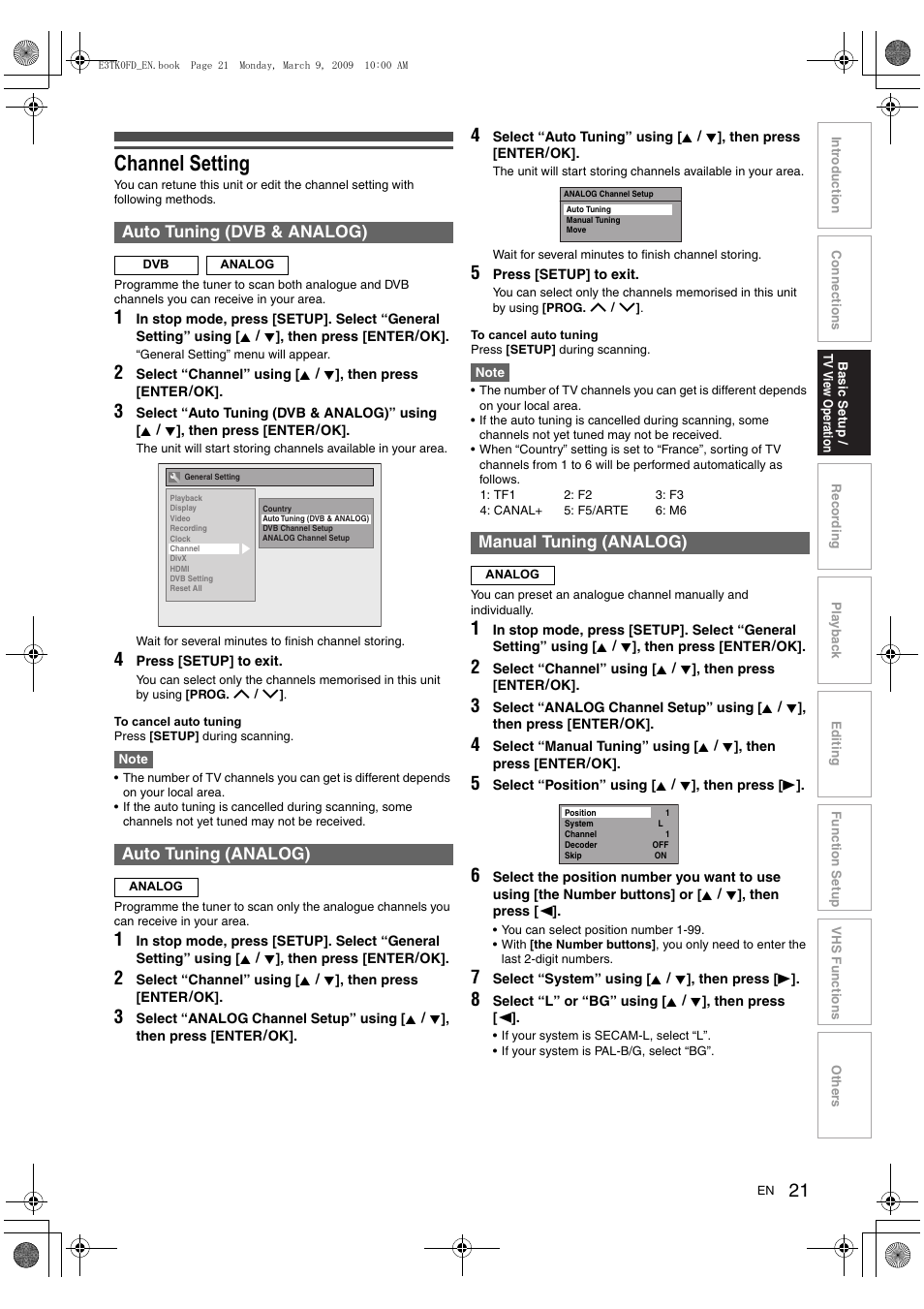 Channel setting, Auto tuning (dvb & analog), Auto tuning (analog) | Manual tuning (analog) | Toshiba RDXV49 User Manual | Page 21 / 84