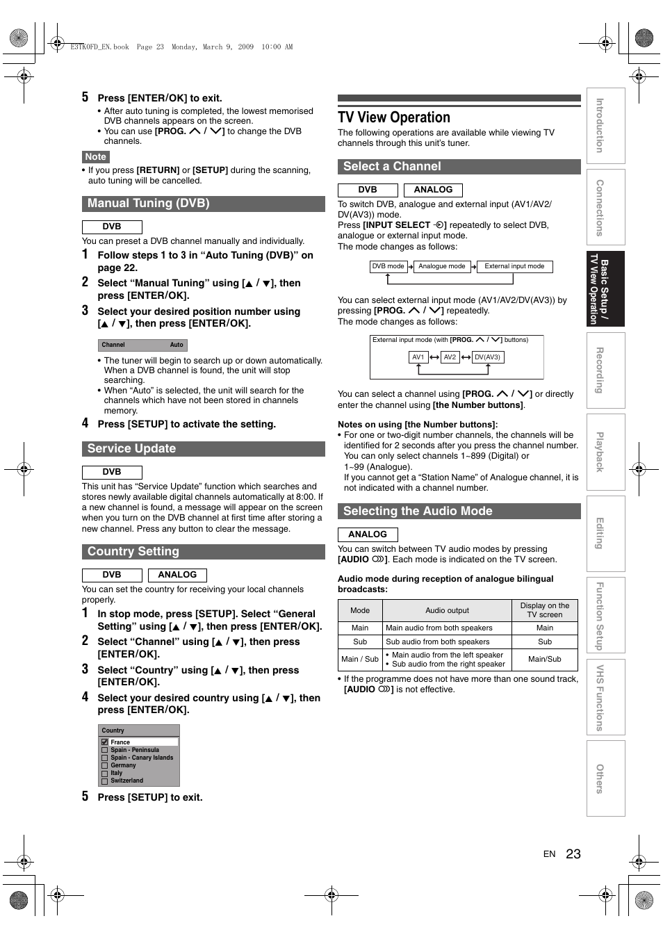 Tv view operation, Manual tuning (dvb), Service update | Country setting, Select a channel, Selecting the audio mode | Toshiba RDXV49 User Manual | Page 23 / 84