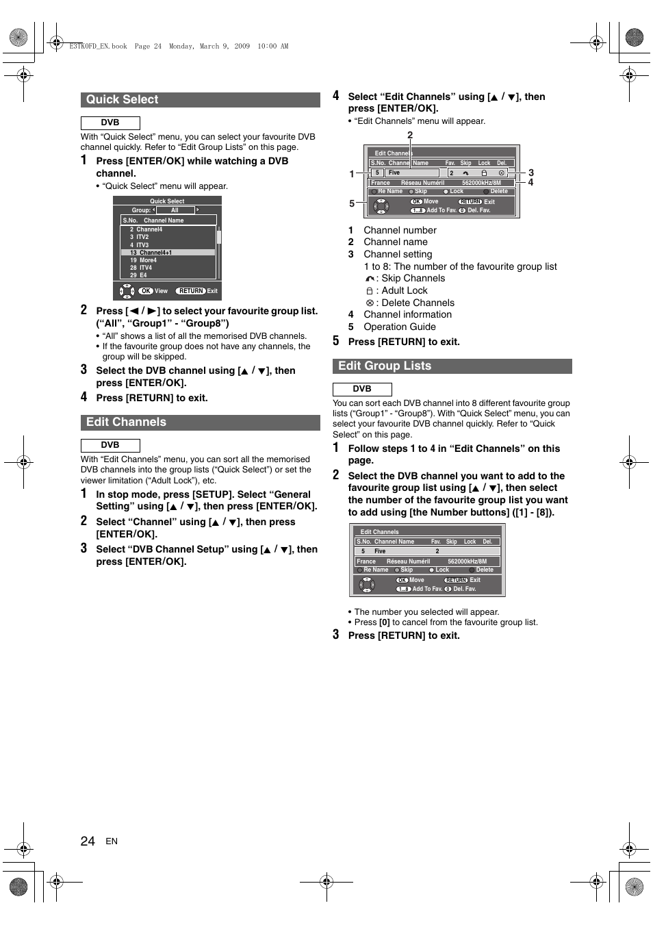 Quick select, Edit channels, Edit group lists | Toshiba RDXV49 User Manual | Page 24 / 84