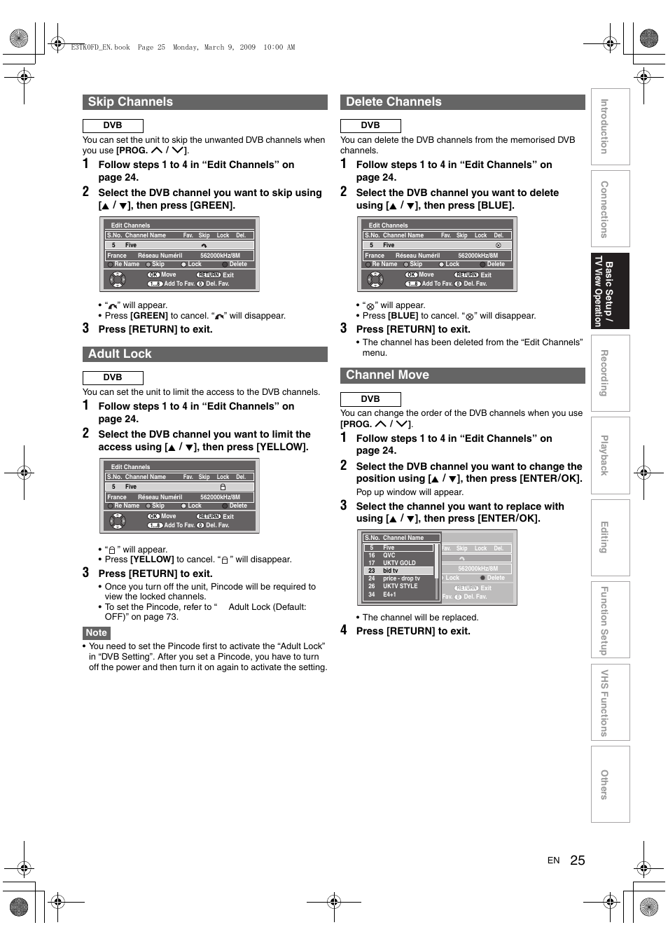 Skip channels, Adult lock, Delete channels | Channel move | Toshiba RDXV49 User Manual | Page 25 / 84