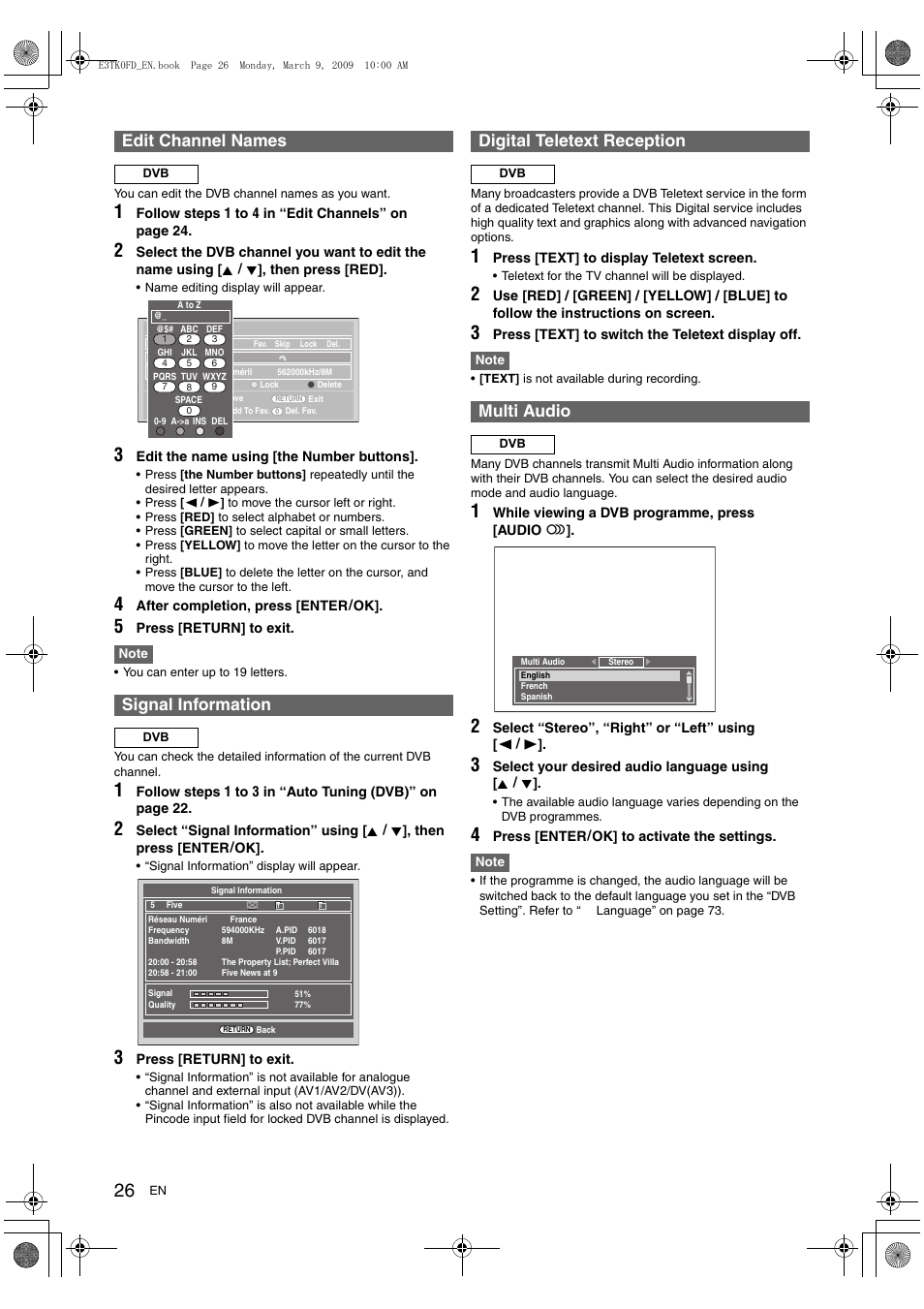 Edit channel names, Signal information, Digital teletext reception | Multi audio | Toshiba RDXV49 User Manual | Page 26 / 84