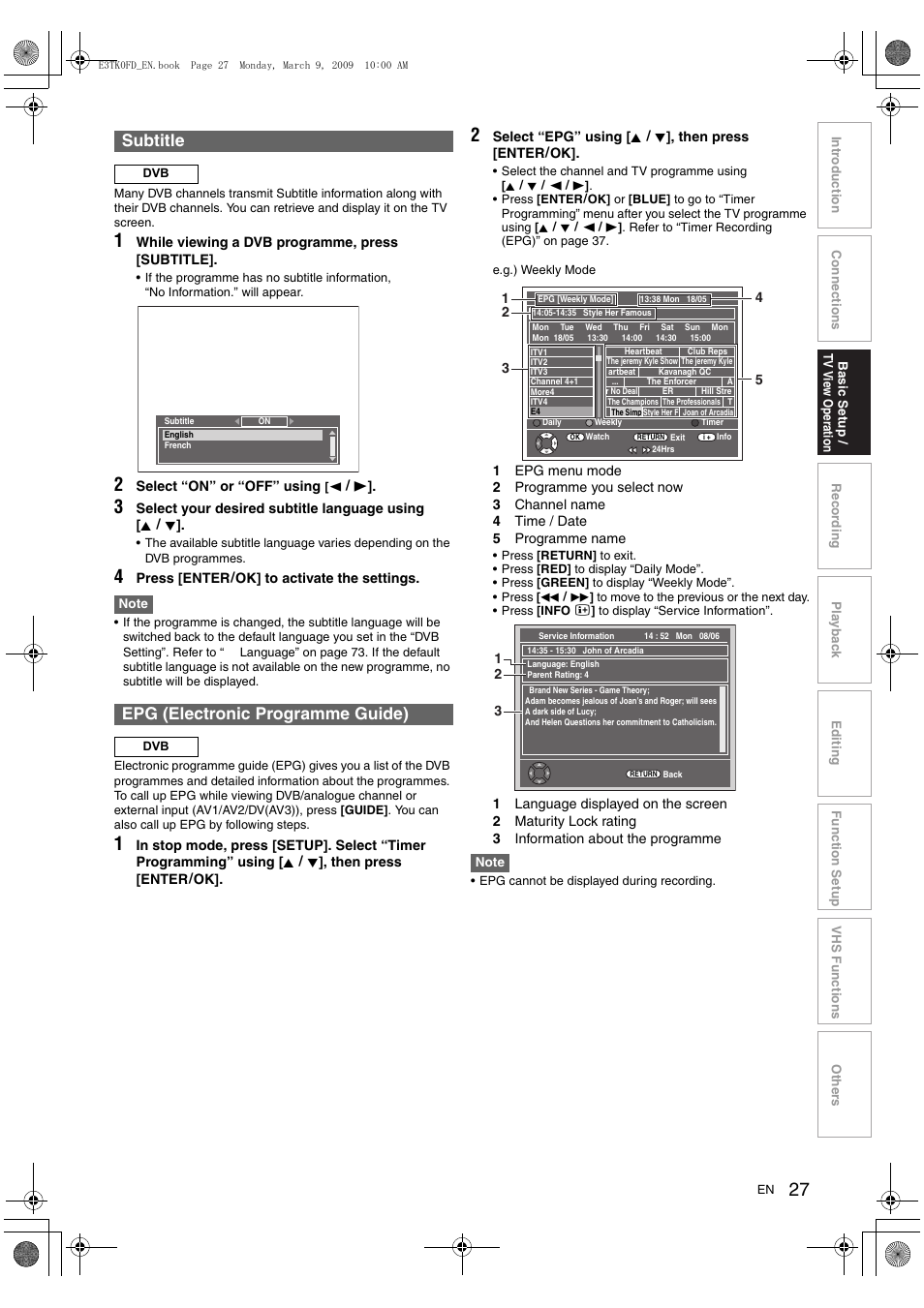 Subtitle, Epg (electronic programme guide) | Toshiba RDXV49 User Manual | Page 27 / 84