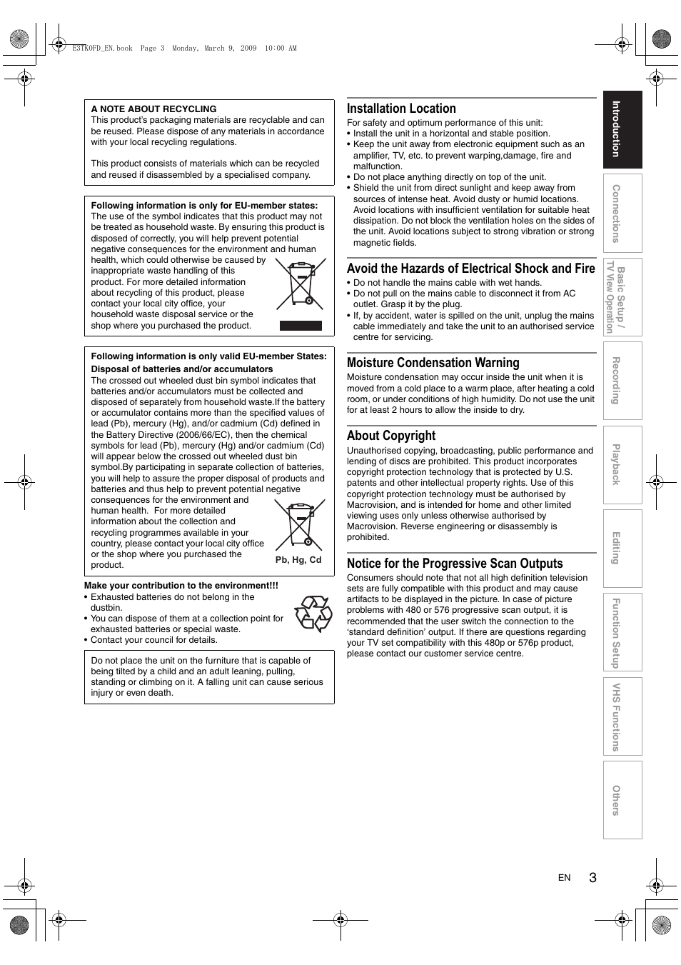 Installation location, Avoid the hazards of electrical shock and fire, Moisture condensation warning | About copyright, Notice for the progressive scan outputs | Toshiba RDXV49 User Manual | Page 3 / 84