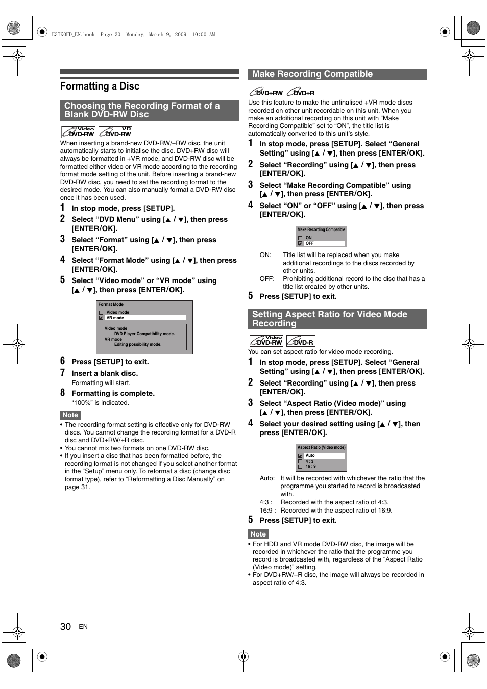 Formatting a disc, Make recording compatible, Setting aspect ratio for video mode recording | Toshiba RDXV49 User Manual | Page 30 / 84