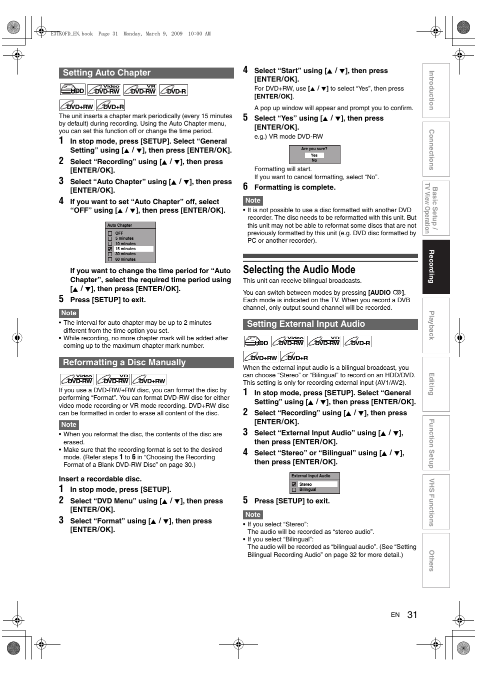 Selecting the audio mode, Setting auto chapter reformatting a disc manually, Setting external input audio | Toshiba RDXV49 User Manual | Page 31 / 84