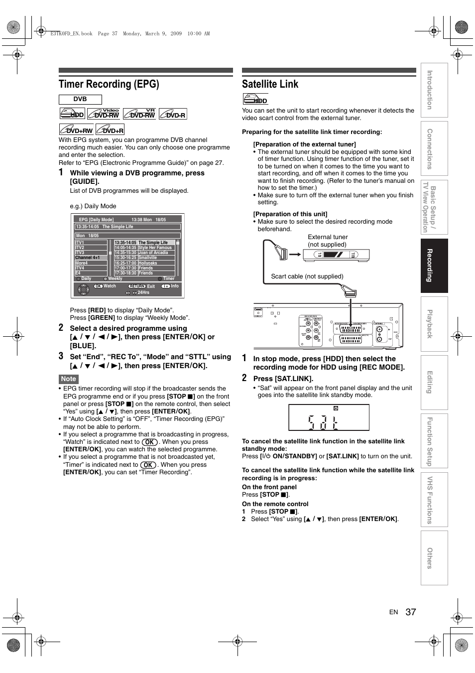 Timer recording (epg), Satellite link | Toshiba RDXV49 User Manual | Page 37 / 84