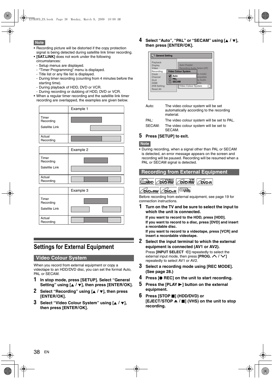 Settings for external equipment, Video colour system, Recording from external equipment | Toshiba RDXV49 User Manual | Page 38 / 84