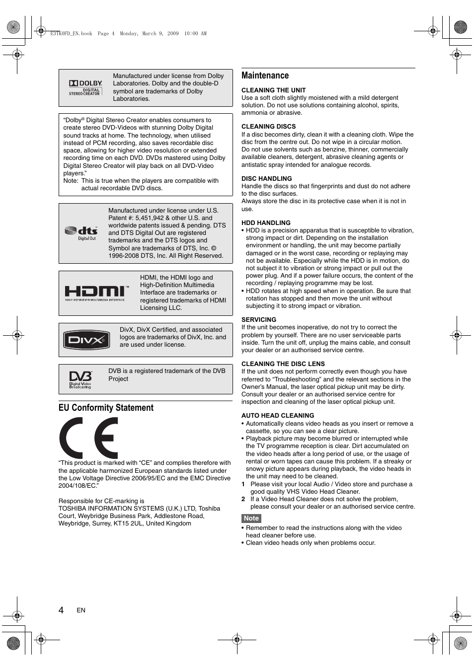Eu conformity statement, Maintenance | Toshiba RDXV49 User Manual | Page 4 / 84