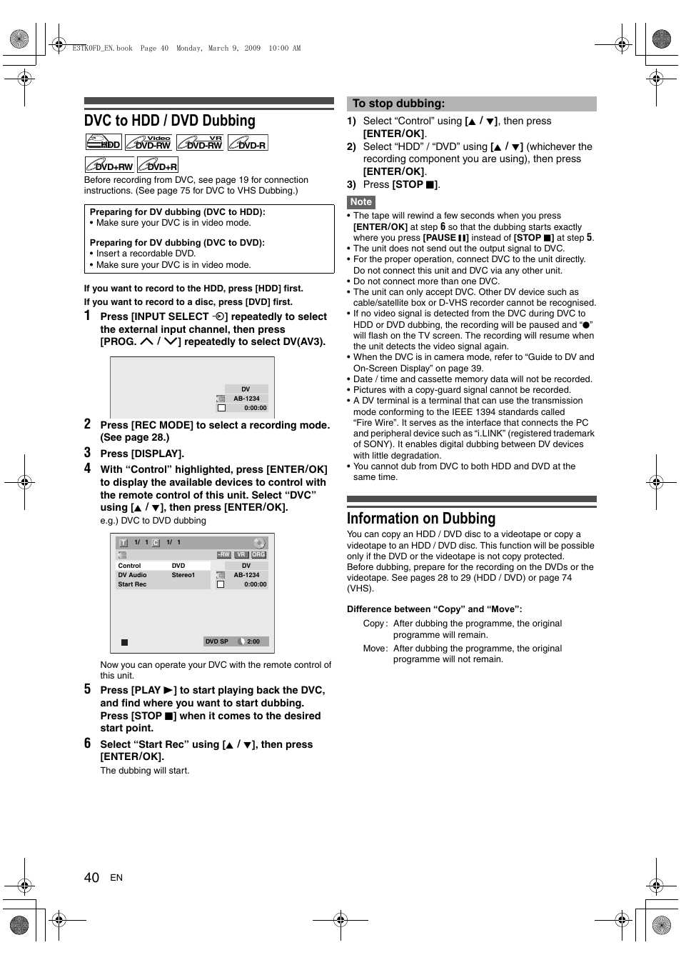 Dvc to hdd / dvd dubbing, Information on dubbing | Toshiba RDXV49 User Manual | Page 40 / 84