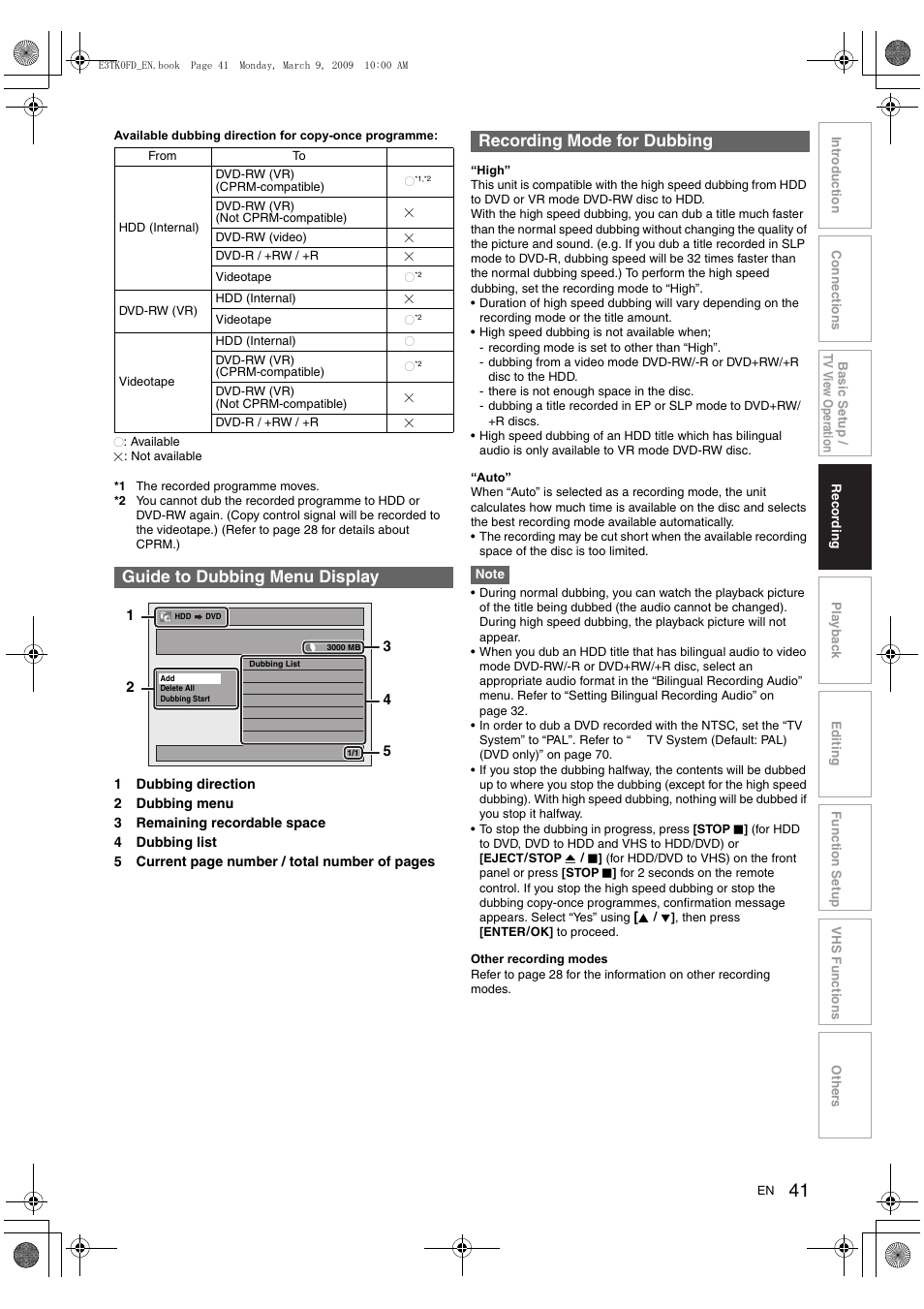 Guide to dubbing menu display, Recording mode for dubbing | Toshiba RDXV49 User Manual | Page 41 / 84