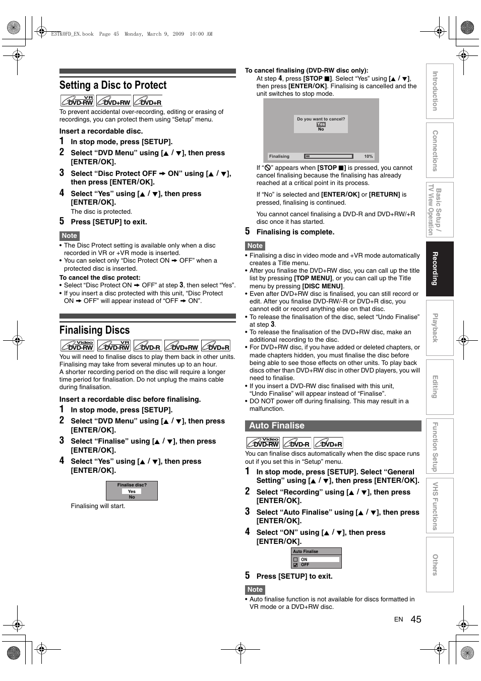 Setting a disc to protect, Finalising discs, Auto finalise | Toshiba RDXV49 User Manual | Page 45 / 84