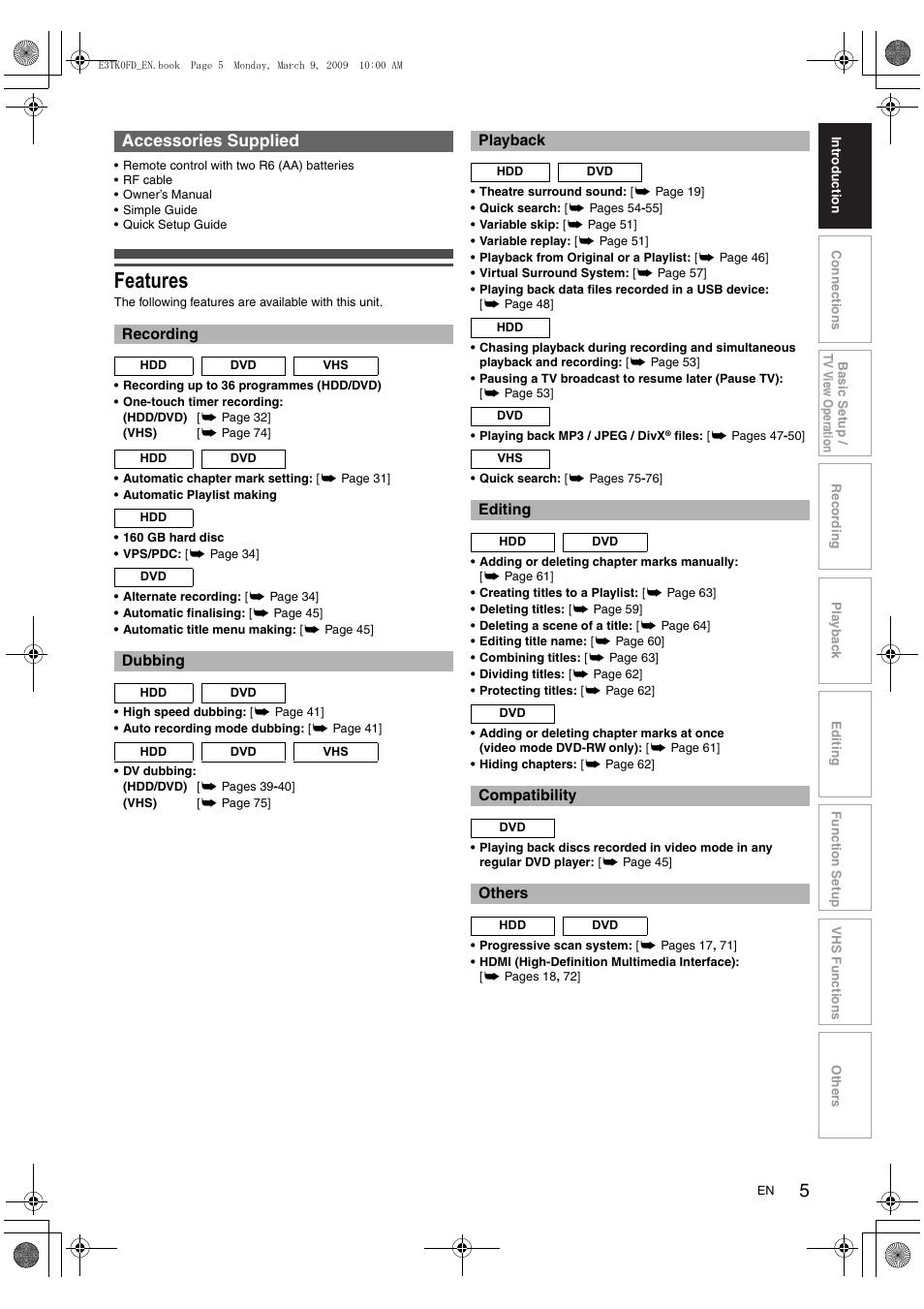 Features, Accessories supplied | Toshiba RDXV49 User Manual | Page 5 / 84