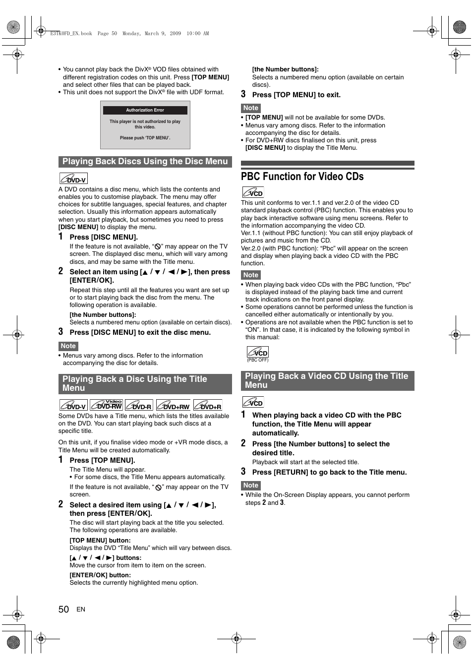 Pbc function for video cds, Playing back a video cd using the title menu | Toshiba RDXV49 User Manual | Page 50 / 84