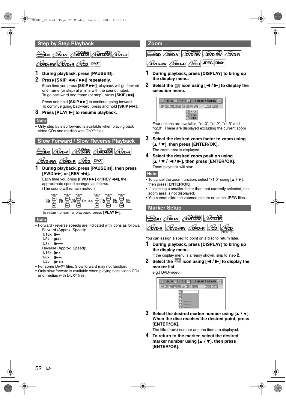 Zoom marker setup | Toshiba RDXV49 User Manual | Page 52 / 84