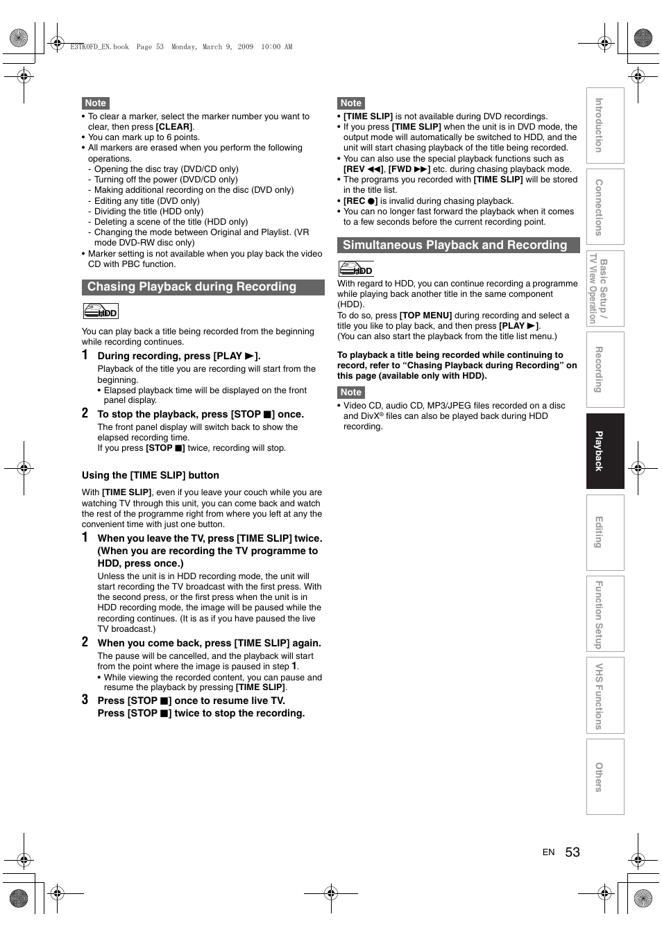 Chasing playback during recording, Simultaneous playback and recording | Toshiba RDXV49 User Manual | Page 53 / 84