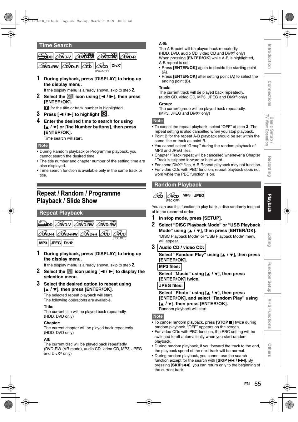 Repeat / random / programme playback / slide show, Time search repeat playback, Random playback | Toshiba RDXV49 User Manual | Page 55 / 84