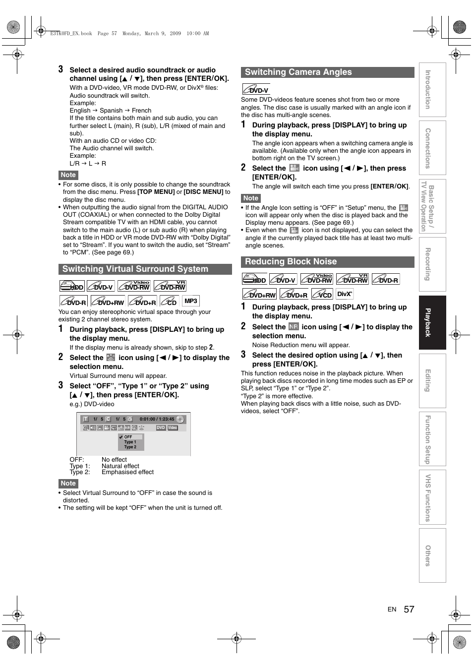 Switching virtual surround system, Switching camera angles reducing block noise | Toshiba RDXV49 User Manual | Page 57 / 84