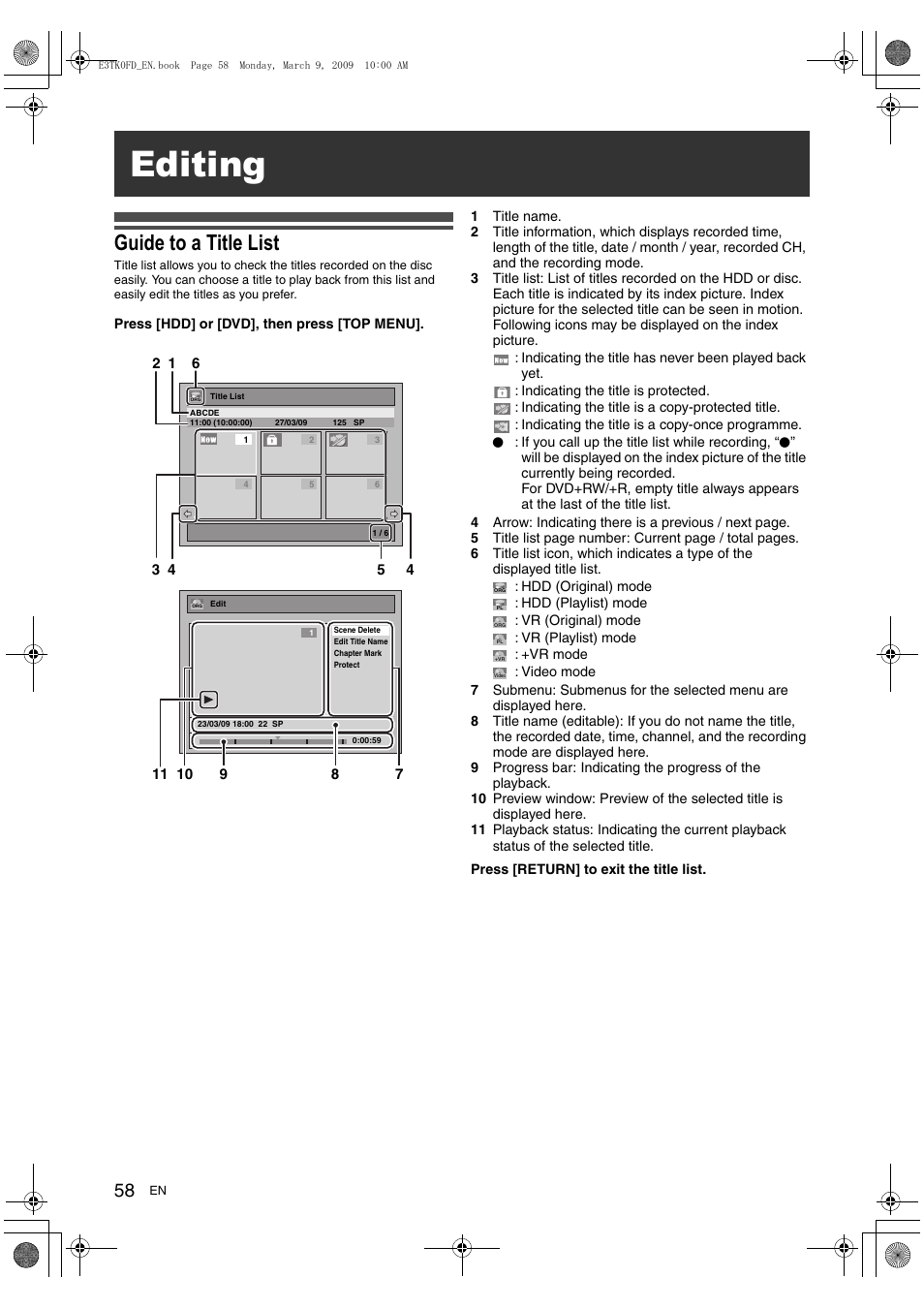 Editing, Guide to a title list | Toshiba RDXV49 User Manual | Page 58 / 84