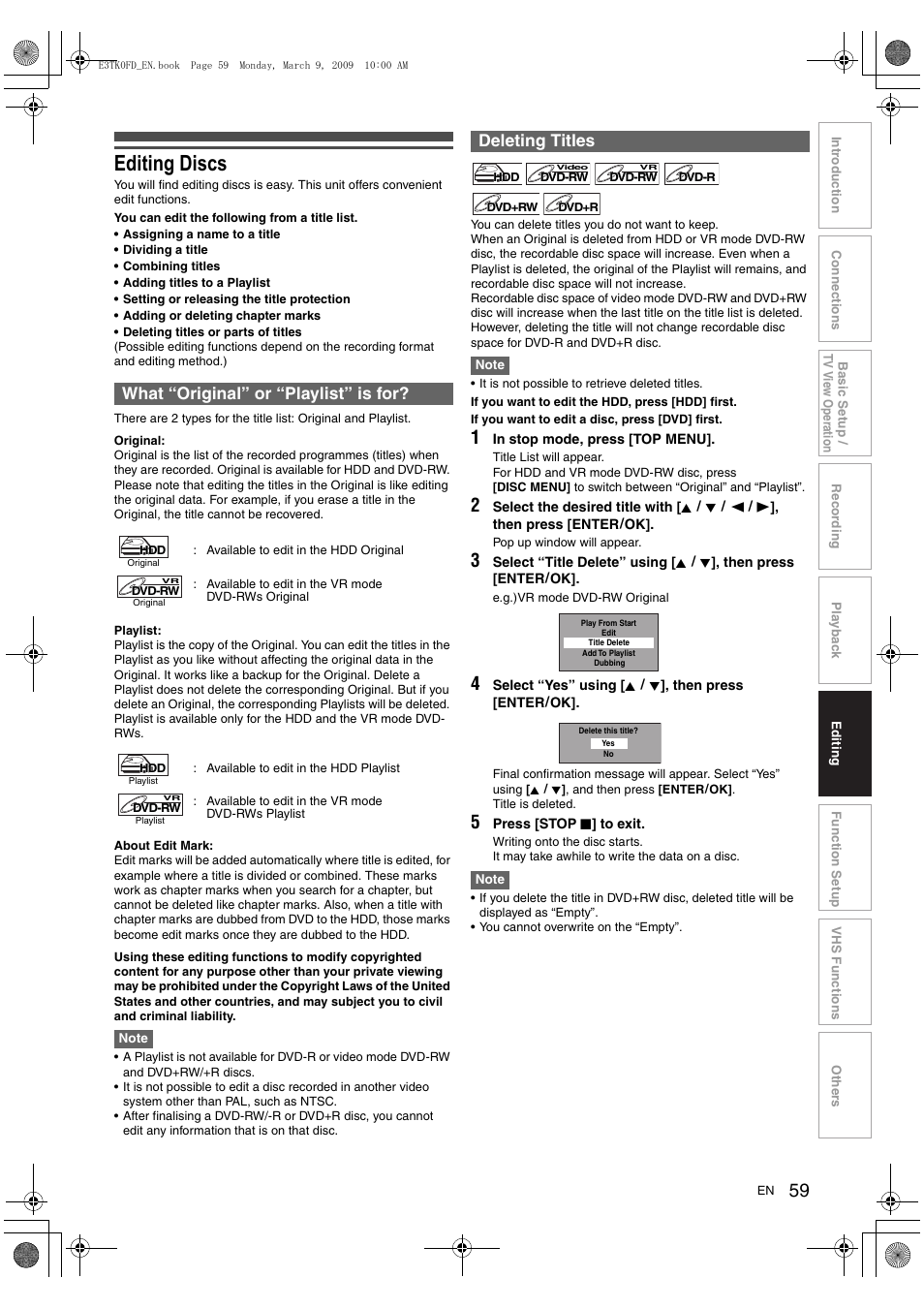 Editing discs, What “original” or “playlist” is for, Deleting titles | Toshiba RDXV49 User Manual | Page 59 / 84