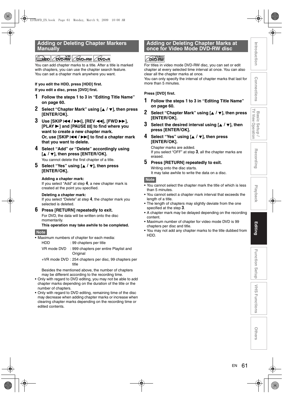 Adding or deleting chapter markers manually | Toshiba RDXV49 User Manual | Page 61 / 84