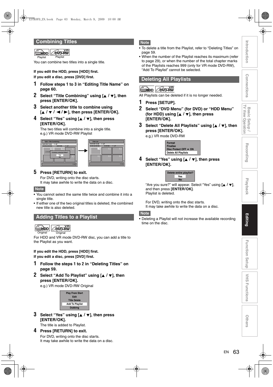 Combining titles adding titles to a playlist, Deleting all playlists | Toshiba RDXV49 User Manual | Page 63 / 84