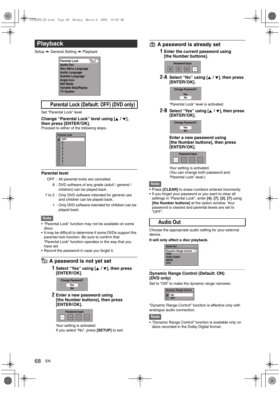 Playback, A parental lock (default: off) (dvd only), B audio out | A password is not yet set 1, A password is already set 1 | Toshiba RDXV49 User Manual | Page 68 / 84