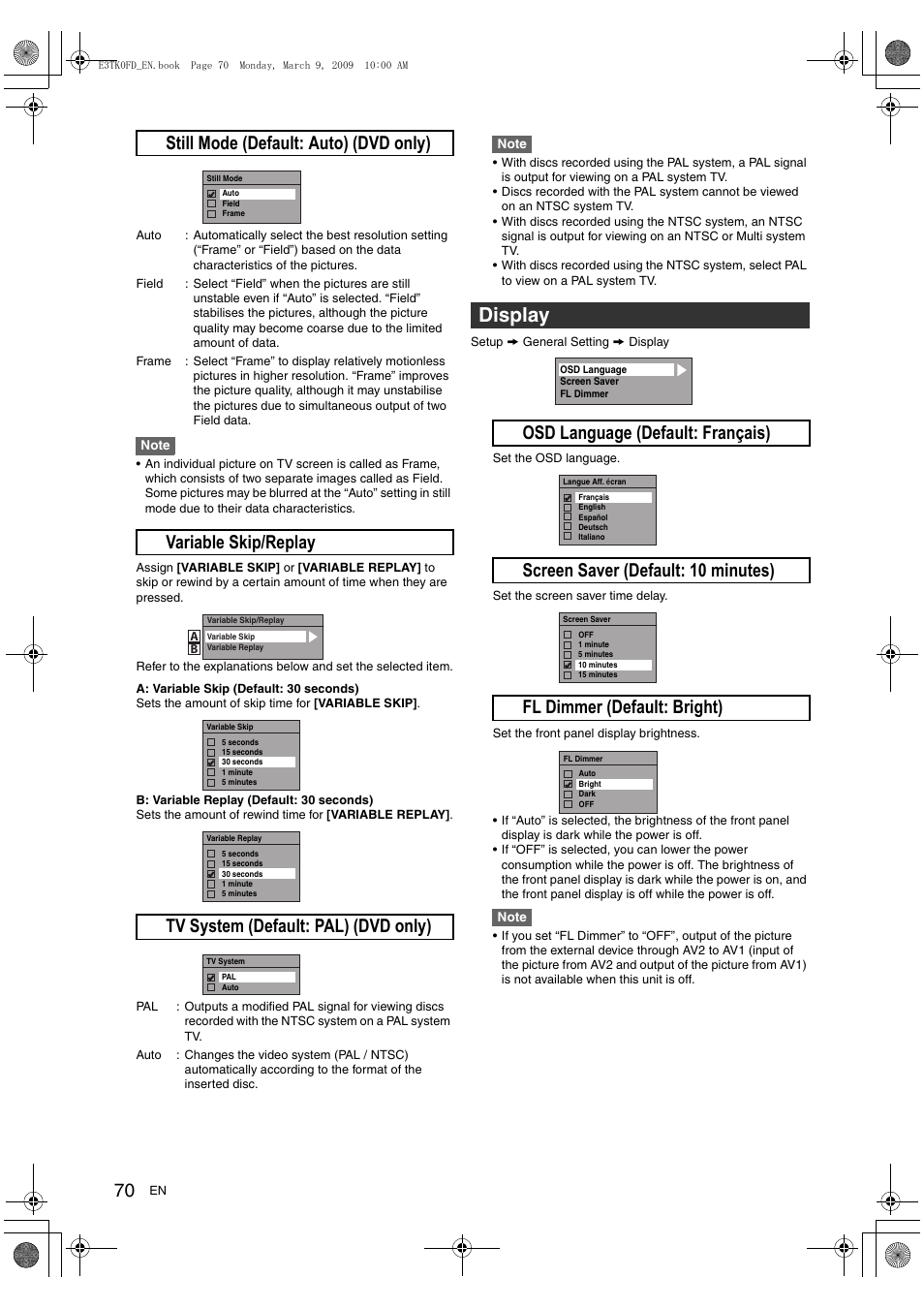 Display, G still mode (default: auto) (dvd only) | Toshiba RDXV49 User Manual | Page 70 / 84