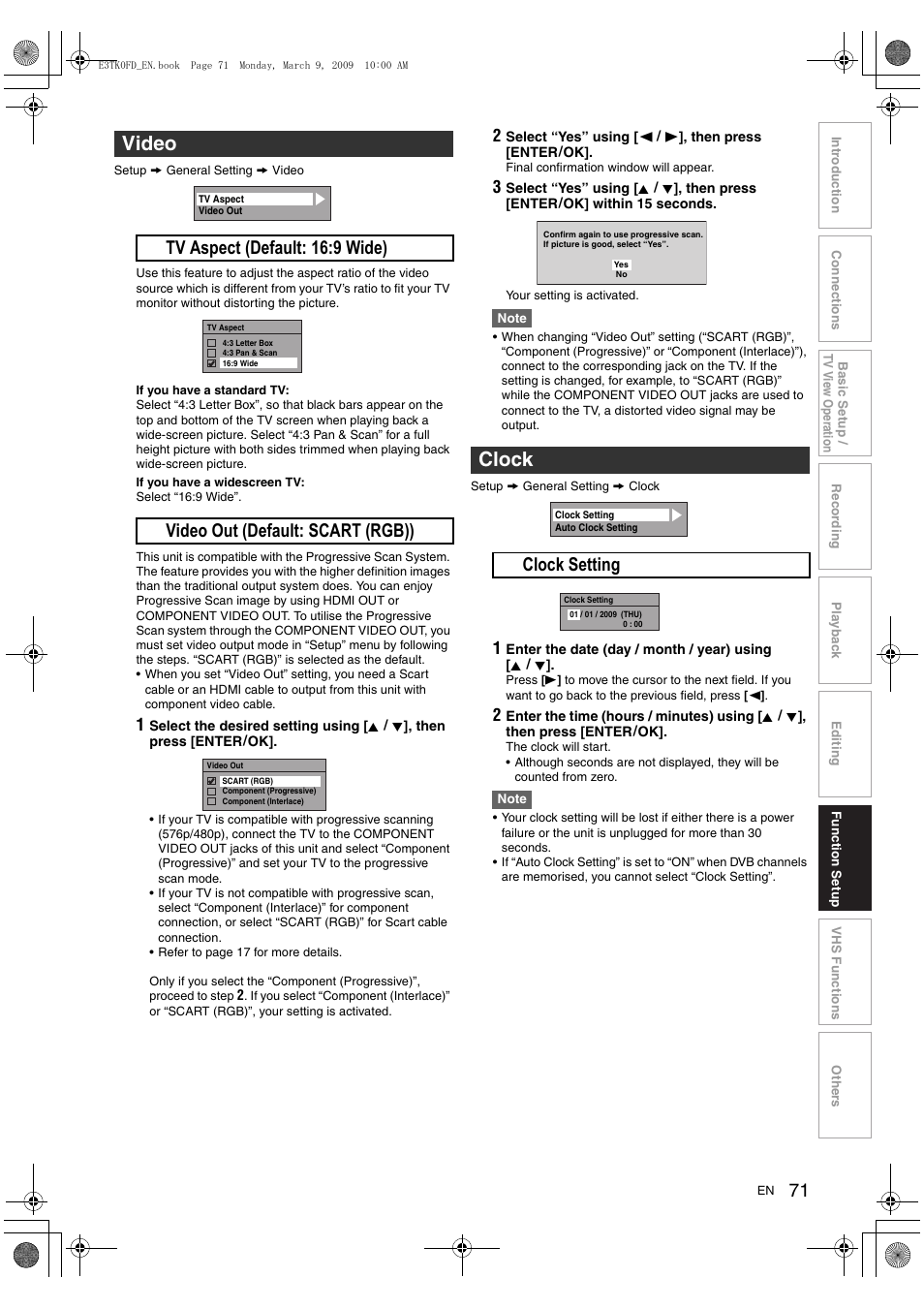 Video, Clock, A clock setting | Toshiba RDXV49 User Manual | Page 71 / 84