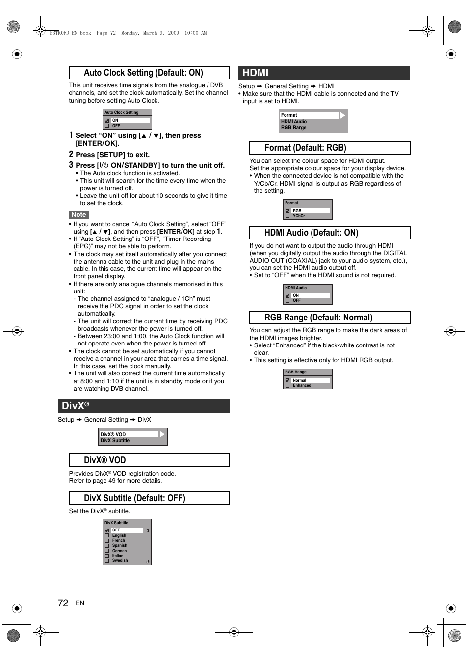 Divx, Hdmi, B auto clock setting (default: on) | A divx® vod b divx subtitle (default: off) | Toshiba RDXV49 User Manual | Page 72 / 84