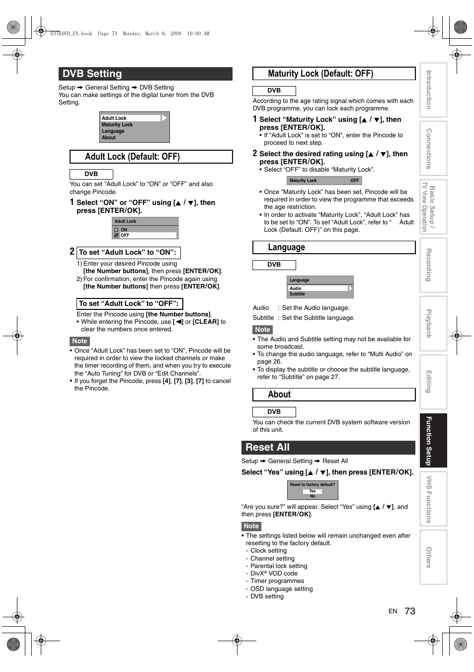 Dvb setting, Reset all, A adult lock (default: off) | B maturity lock (default: off), C language, D about | Toshiba RDXV49 User Manual | Page 73 / 84