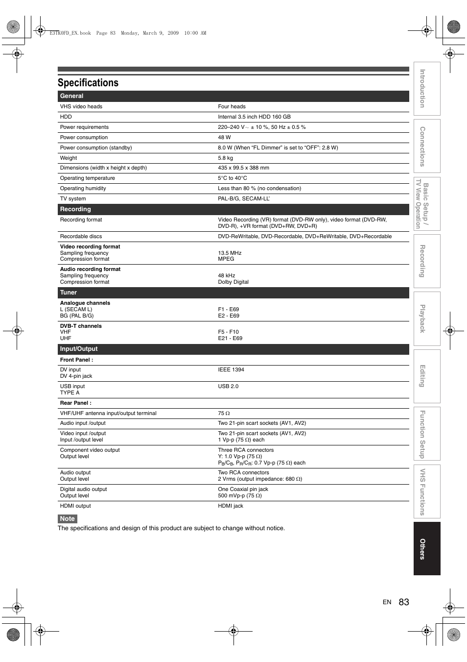 Specifications | Toshiba RDXV49 User Manual | Page 83 / 84