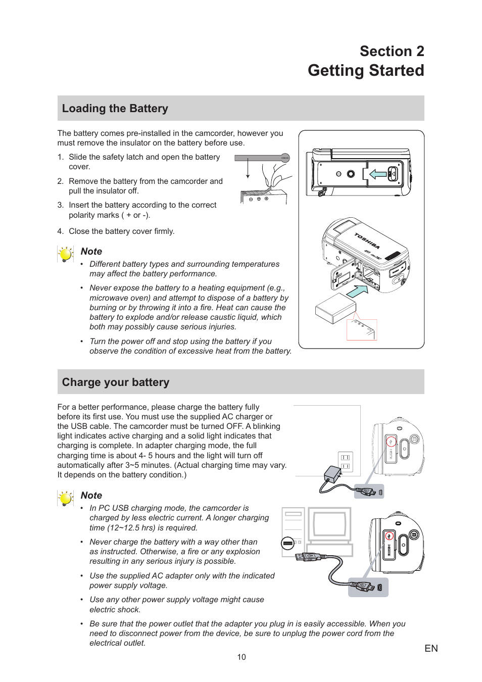 Section 2 getting started, Loading the battery, Charge your battery | Loading the battery charge your battery, Getting started | Toshiba Camileo Z100 User Manual | Page 10 / 54