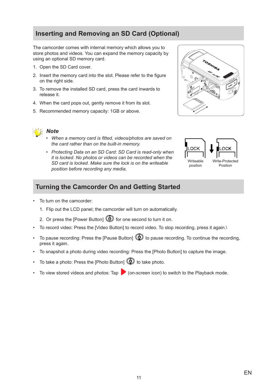Inserting and removing an sd card (optional), Turning the camcorder on and getting started | Toshiba Camileo Z100 User Manual | Page 11 / 54
