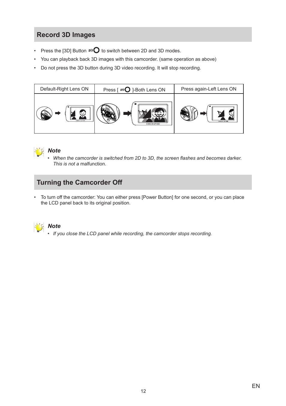 Record 3d images, Turning the camcorder off, Record 3d images turning the camcorder off | Toshiba Camileo Z100 User Manual | Page 12 / 54