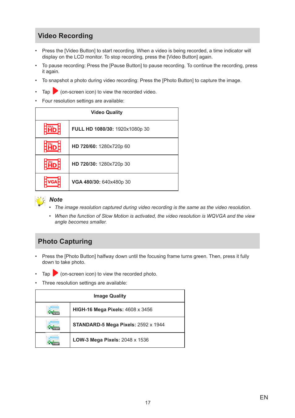 Video recording, Photo capturing, Video recording photo capturing | Toshiba Camileo Z100 User Manual | Page 17 / 54